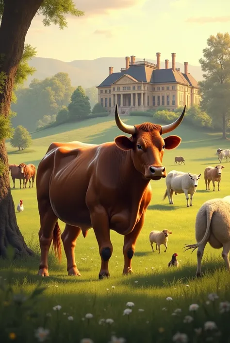 Big and beautiful breeding cow in the most beautiful field surrounded by other cattle and in the background a giant mansion and more domestic animals 