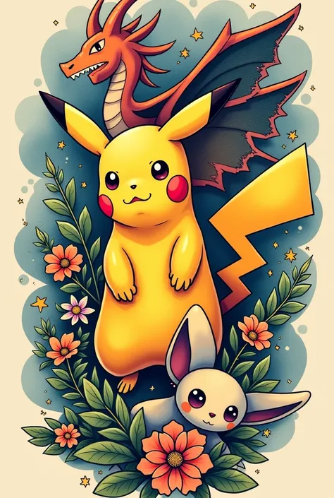 A tattoo with pikachu, dracaufeu, nymph, mwe and mustéboué 