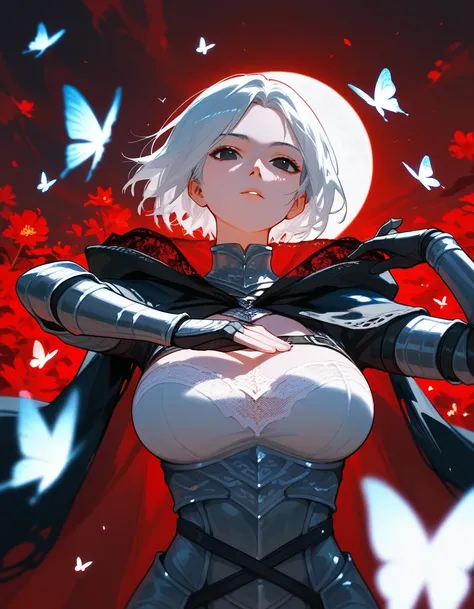  upper body, From below, score_9_up, score_8_up, score_7_up, score_6_up, score_9_up,score_8_up, girl, white hair, short hair, black eyes, (armor), middle ages, butterflies, lace, dark atmosphere, white moon, red sky, flowers, dark souls, pose, big breast, ...