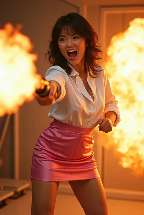 real person realistic beautiful japanese office lady in satin white shirt and pink satin tight mini skirt facial expression war cry shouting standing upright stance legs wide spread open full portrait holding a very long flame thrower high pressure fuel sh...