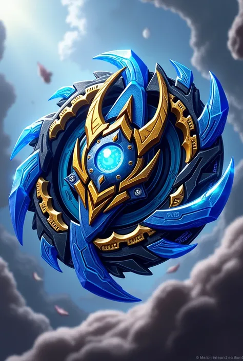 Nexus as a blue black gold attack beyblade with Samurai face on front