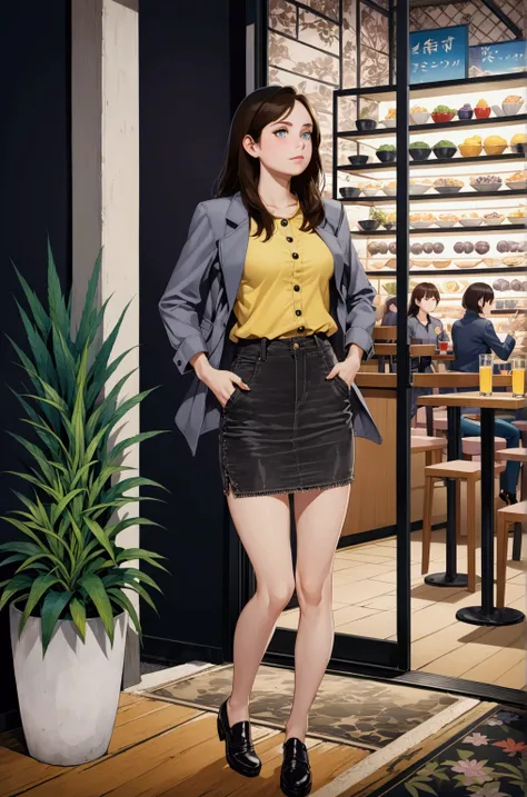 realistic anime illustration of beautiful woman in black long hair, is in front of restaurant, she  gray jacket, light-yellow blouse, black-gray denim pencil mini skirt, black cutshoes, (1girl, solo, full body, front view, looking at viewer), (masterpiece,...