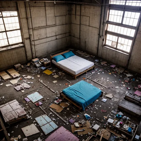 Beat up humonguos dirty bed in a brightly lit 
abandoned warehouse. Aerial view