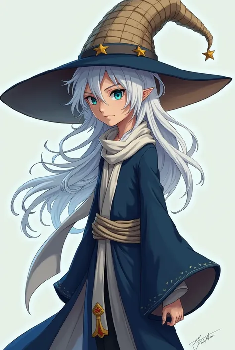 a boy of slender figure, of medium to tall height, with an adult  body. His skin color is light brown.
His hair is long and white, partially covering his right eye. His visible eye is a cerulean blue color.
With a large wizard hat with a brim that resemble...