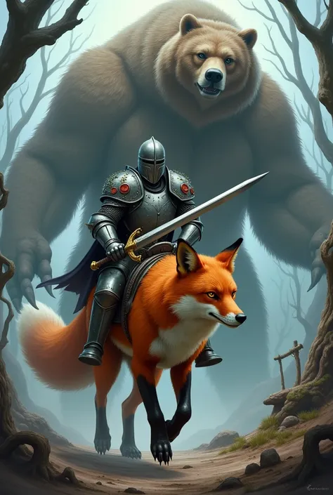 fox carrying a knight and behind him a bear 