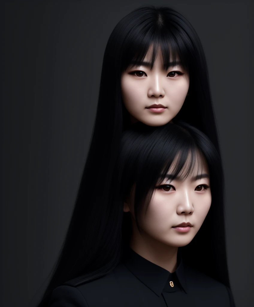 jet black hair,blacksilk,most very voluminous hair,1chinese lady ,most very angry face, female jail officer,black uniform,black pants,close-up to face,very quiet close,very long hair,white back ,looking at the camera