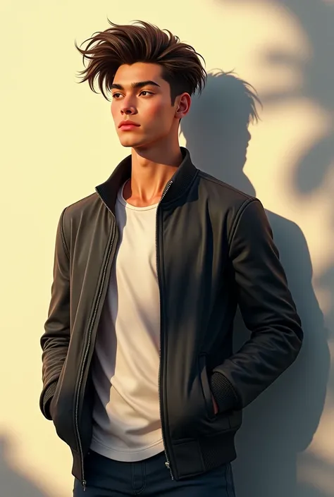 (photorealism:1.9), beautiful best physic boy wearing jacket Hes shadow on wall sun


