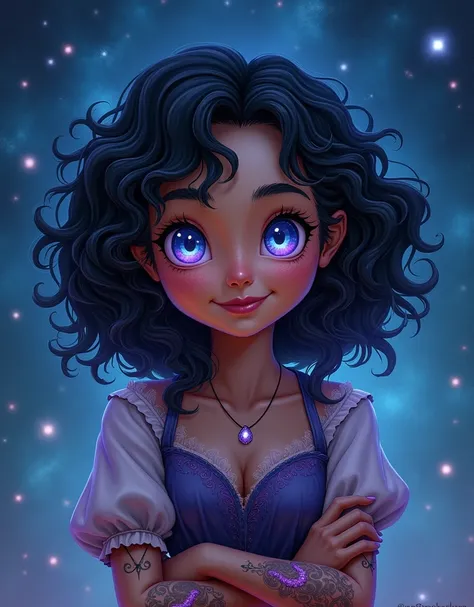 female hobbit with black curly hair and blue-violet glittering eyes. druidin. cheerful mood, medieval fantasy. freckles, purple glowing tattoos on the forearms. at night, stars, cosmos