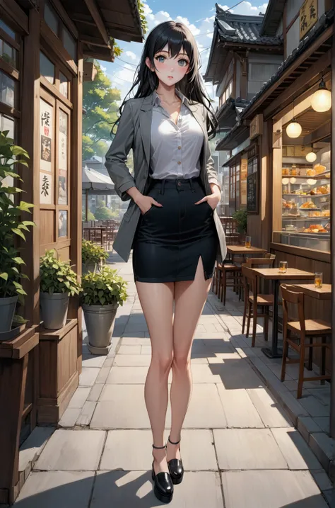 realistic anime illustration of beautiful woman in black long hair, is in front of restaurant, she  gray jacket, light-yellow blouse, black-gray denim pencil mini skirt, black cutshoes, (1girl, solo, full body, front view, looking at viewer), (masterpiece,...