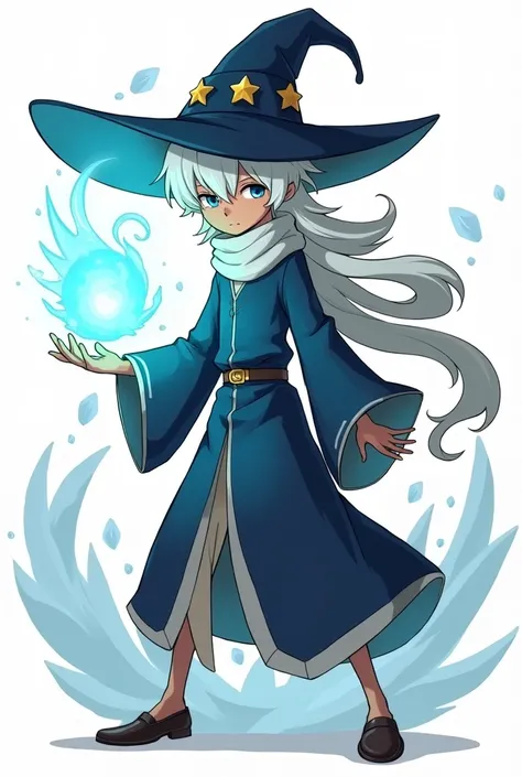 a boy of slender figure, of medium to tall height, with an adult or adolescent body. His skin color is light brown.
His hair is long and white, partially covering his right eye. His visible eye is a cerulean blue color.
With a large wizard hat with a brim ...