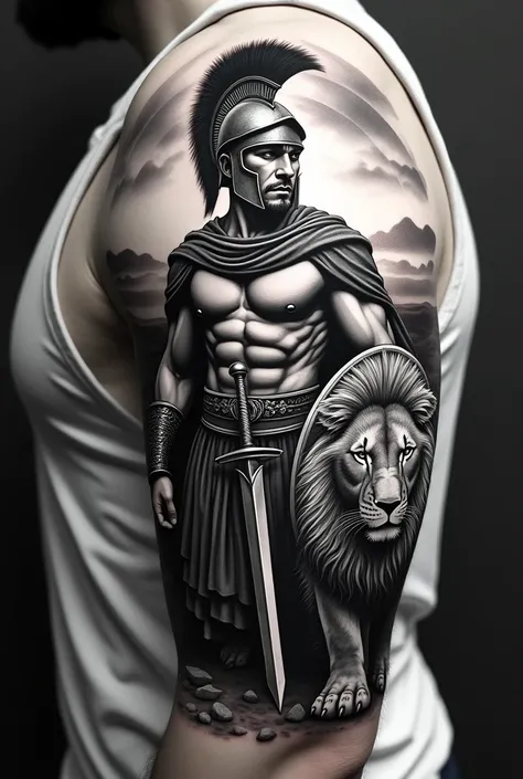 A tattoo of a Spartan gladiator, a lion and a sunset in black and white