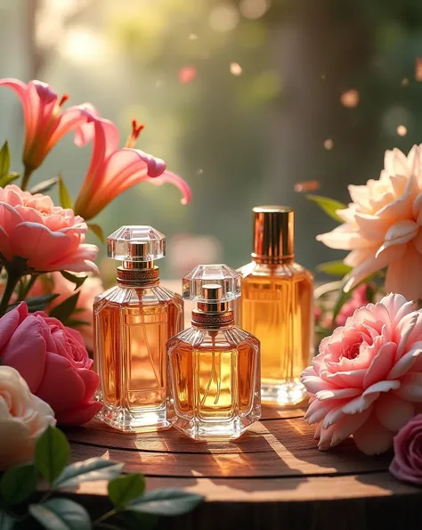 High resolution and realistic image of perfume bottles on a wooden table with many flowers 