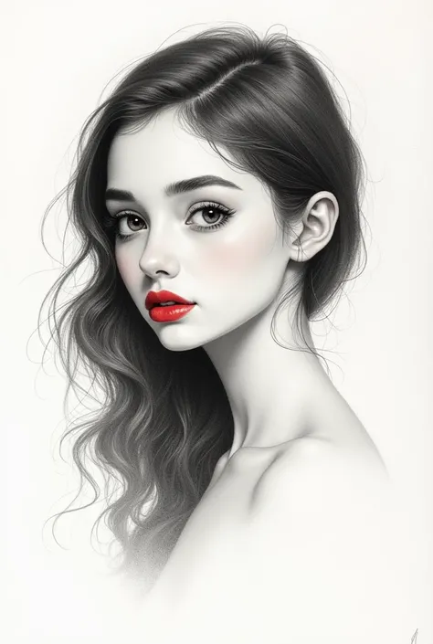 A charming minimalist pencil left profile portrait of a girl with a face filled with radiant, kind features. Lifelike, the delicate strokes follow the contours of the face, making it stand out clearly. on white background. Focus on the glossy, soft, plump ...