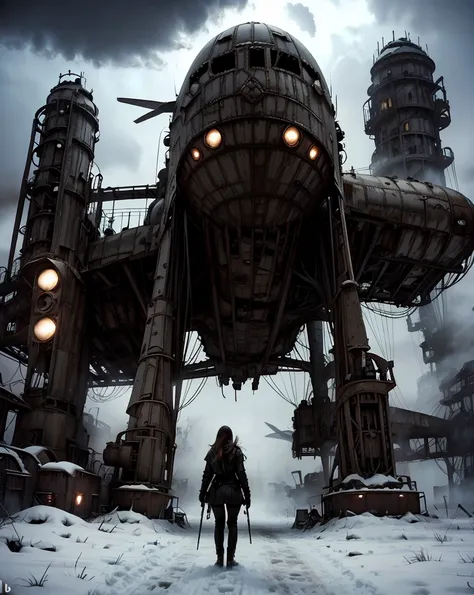 apocalyptic gorgeous hot woman. Age 23.standing in the snow next to a giant shuttle 