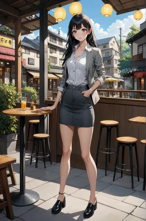 realistic anime illustration of beautiful woman in black long hair, is in front of restaurant, wears gray jacket, light-yellow blouse, black-gray denim pencil mini skirt, black cutshoes, (1girl, solo, full body, front view, looking at viewer), (masterpiece...