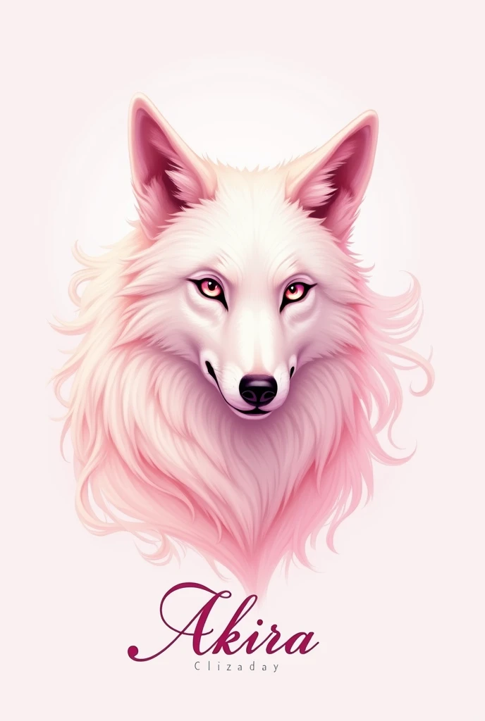 A picture of a light pink wolf logo with very beautiful pink eyes and the name Akira written on it.