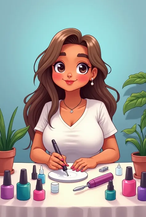 Animated drawing of a manicurist with long light brown hair , brown skin color , chubby girl,  nail paints, Blue background, dremel
