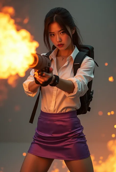 real third person view realistic beautiful korean office lady in satin white shirt and violet satin tight mini skirt facial expression war cry shouting scream standing upright stance legs wide spread open full portrait holding a very long flame thrower hig...