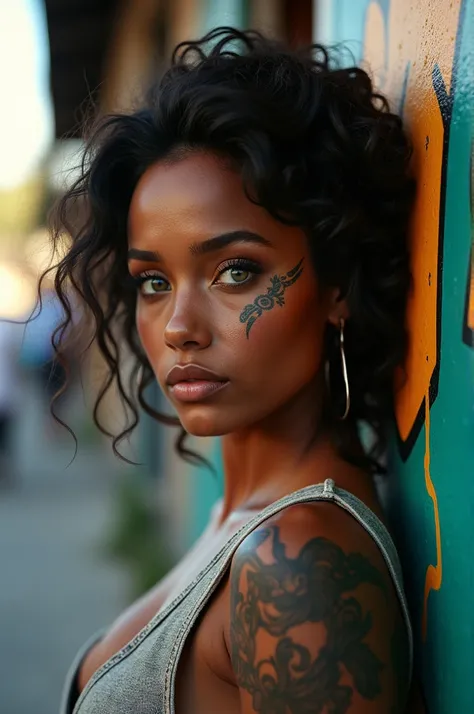 Brazilian woman, dark-skinned, striking green eyes, ornamental tattoos, com estilo streetwear