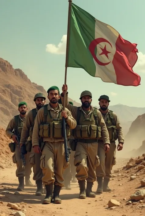 Unequipped Algerian soldiers with flag