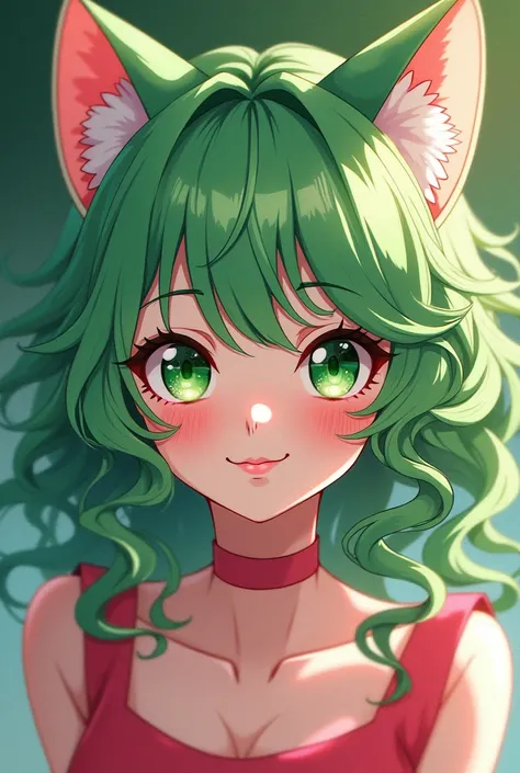 Anime Woman with watermelon themed hair with curls green cat eyes and cat ears