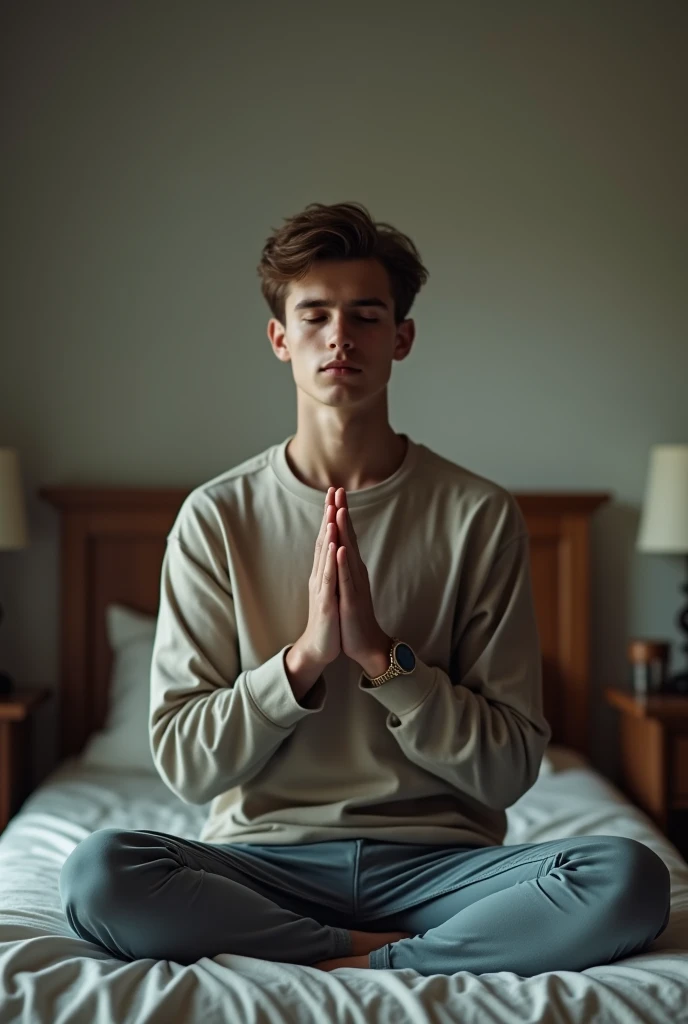 Young man sitting on his bed praying 