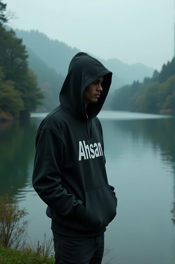 A person in hoddie standing in a side pose beside a beautiful lake and Ahsan is written on his hoddie