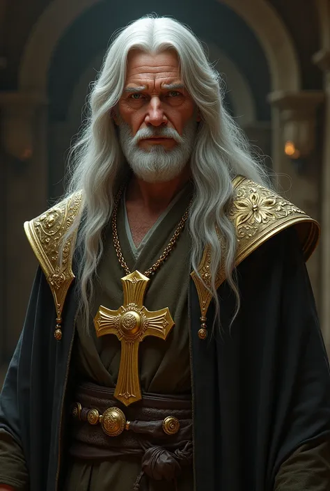 (photorealism:1.2),  dnd, human  adult cleric, with a golden cross necklace, long hair