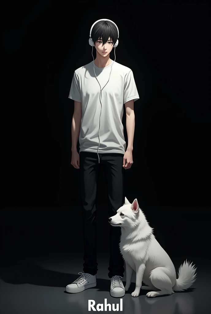 A man with white cute dog and white headset earphones white collar t-shirt black jeans white shoes background black with name RAHUL sad face anime