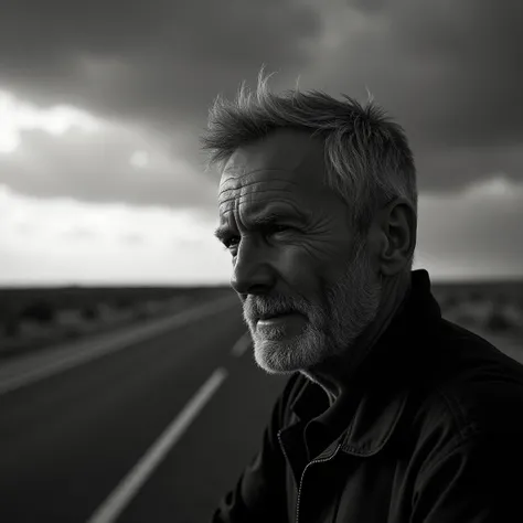 portrait photography of a man, open road, photo by Roger Ballen, cinematic lighting, dramatic shadows, moody atmosphere, high contrast, monochrome, gritty, documentary style, natural setting, realistic, hyper-detailed, impactful, captivating, (best quality...