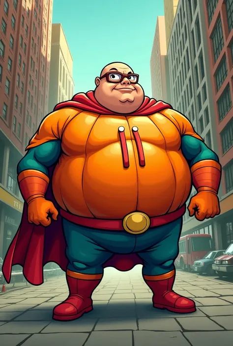 A superhero the super pumpkin, where the hero is a bald man with glasses, short and pot-bellied, and on his chest the symbol is the number 11
 