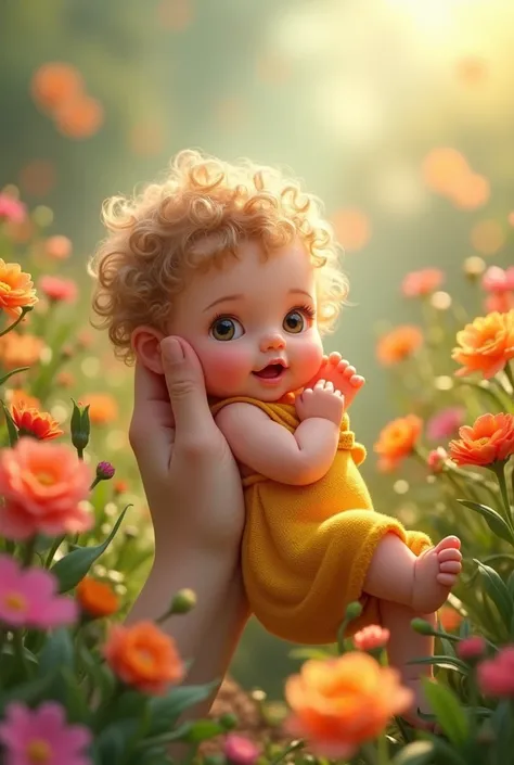 in a garden full of flowers, Raise a  baby, one with curly light hair and light brown eyes, so cute, with a yellow outfit