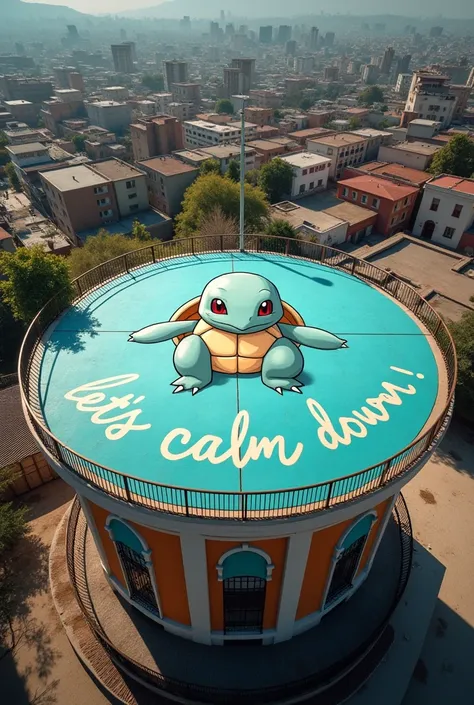 A photo realistic image of a helicopter helipad that has squirtle drawn on the surface of the helipad and has written on it: "let&#39;s calm down!", on top of a Pokémon-themed Bolivian cholet building, View from above as if flying over with a drone and par...