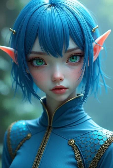 An effeminate elven man with short, bright blue hair and bangs, with white skin and blue scales with bright green eyes and blue medieval diving clothes 