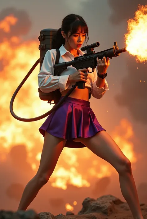 real third person view realistic beautiful japanese office lady in satin white shirt and violet satin tight mini skirt facial expression war cry shouting scream standing upright stance legs wide spread open full portrait holding a very long flame thrower h...