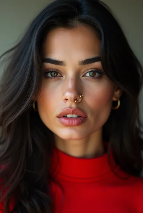 a beautiful young woman with dark hair, wearing a red top. She is posing for a picture, and her face is the main focus. The woman has a nose ring, which adds a unique touch to her appearance. The close-up shot captures her facial features, making her look ...