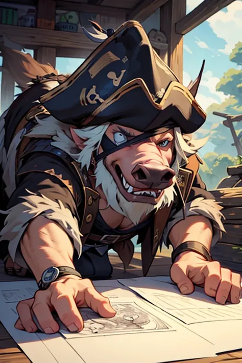 a class drawing of a wild boar with a broken tooth wearing a pirate hat and eye patch