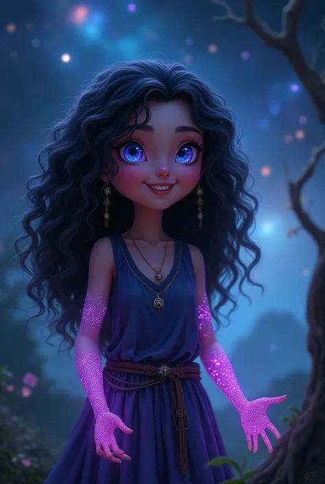 female hobbit with black curly hair and blue-violet glittering eyes. druidin. cheerful mood, medieval fantasy. purple glowing tattoos on the forearms. at night, stars, cosmos