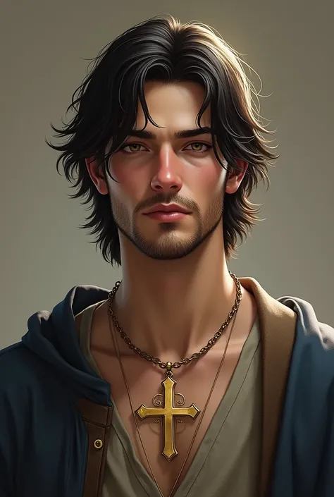 (photorealism:1.2),  dnd, male human  young adult cleric, short beardwith a golden cross necklace, long hair