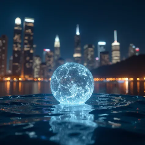 nighttime cityscape,  blurred lights,  outdoor setting,  centered subject,  eye-level shot,  soft lighting,  on a planet where the oceans are made of liquid crystal,  modelshoot style,  studio lighting with strong rim light,  8k   Beadwork art by Frank Llo...