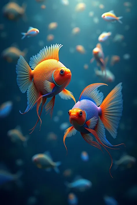 Both fish swim together, surrounded by a school of shimmering fish