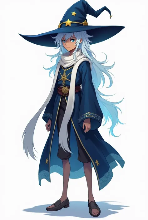 a boy of slender figure, of medium to tall height, with an adult or adolescent body. His skin color is light brown.
His hair is long and white, partially covering his right eye. His visible eye is a cerulean blue color.
With a large wizard hat with a brim ...