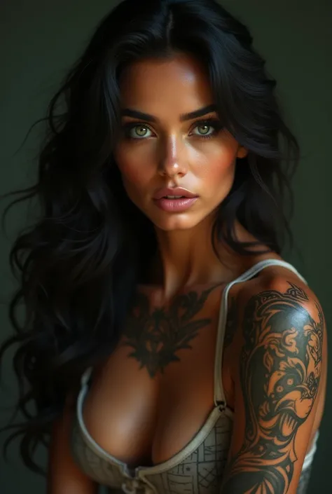 Brazilian woman, dark-skinned, striking green eyes, tattoos, very feminine and delicate, very sexy 