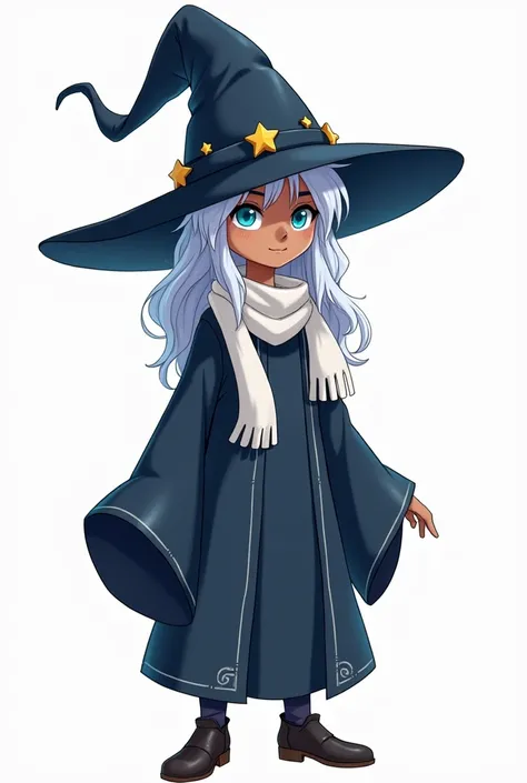 a boy of slender figure, of medium to tall height, with an adult or adolescent body. His skin color is light brown.
His hair is long and white, partially covering his right eye. His visible eye is a cerulean blue color.
With a large wizard hat with a brim ...