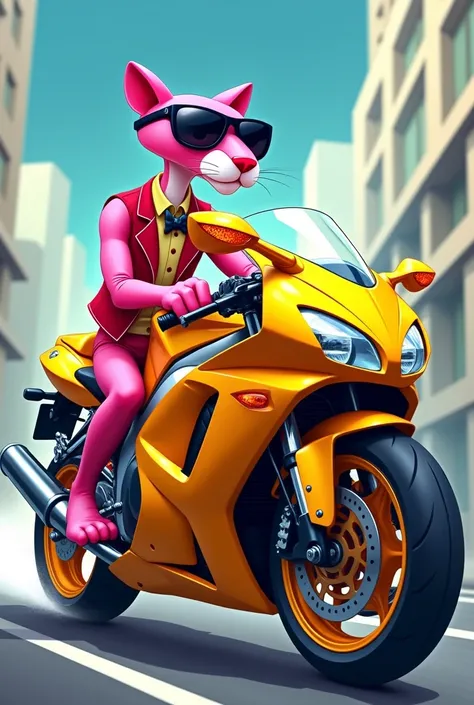 Pink Panther with sunglasses and vest, driving a gold Suzuki Hayabusa