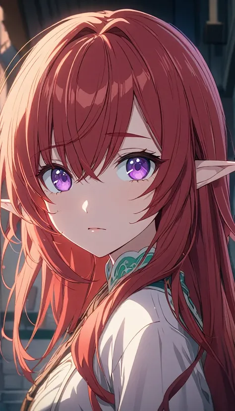 elf an anime girl with red hair and purple eyes, stylized anime, Very detailed anime, detailed anime soft face, very detailed character, 8k,