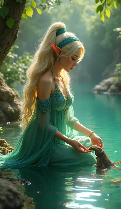 A 1 female Halfling with a slender yet athletic build, adorned in an intricately designed emerald green dress that drapes elegantly across her body, with a vibrant blue headband securing her long, flowing blonde hair back, revealing a gentle, porcelain-lik...