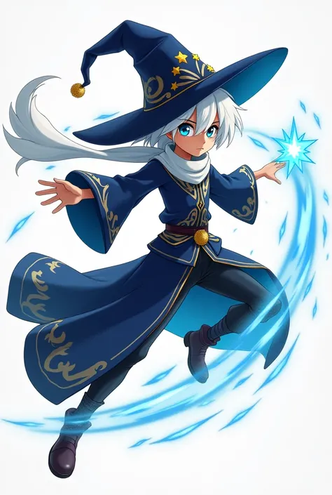 a boy of slender figure, of medium to tall height, with an adult or adolescent body. His skin color is light brown.
His hair is long and white, partially covering his right eye. His visible eye is a cerulean blue color.
With a large wizard hat with a brim ...