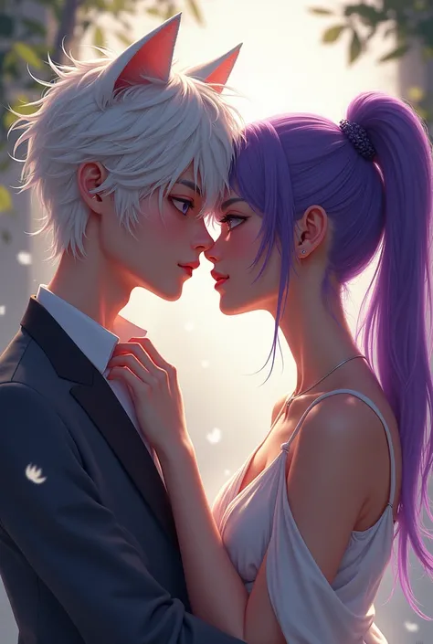 handsome cat boy with messy white hair  kisses beautiful girl with purple ponytail girl