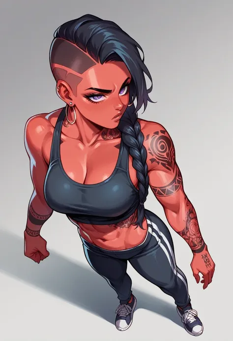 High angle,A 1 woman with red skin but black hair cut in a braided bob and purple eyes puts on a streetwear outfit. Athletic body , She is tall,earrings, street tattoos 